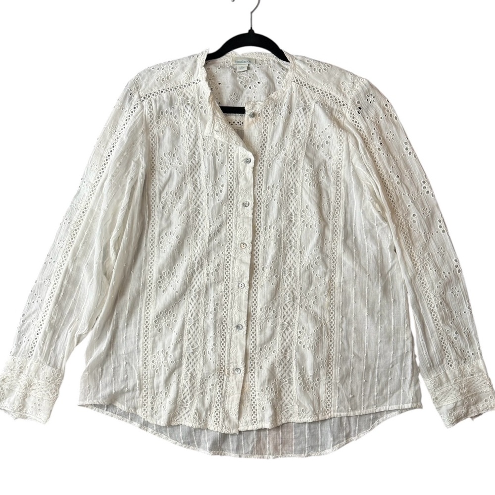 Sundance White Eyelet Lace XL Boho Victorian Cottagecore Cotton Button Front Top - Picture 7 of 14